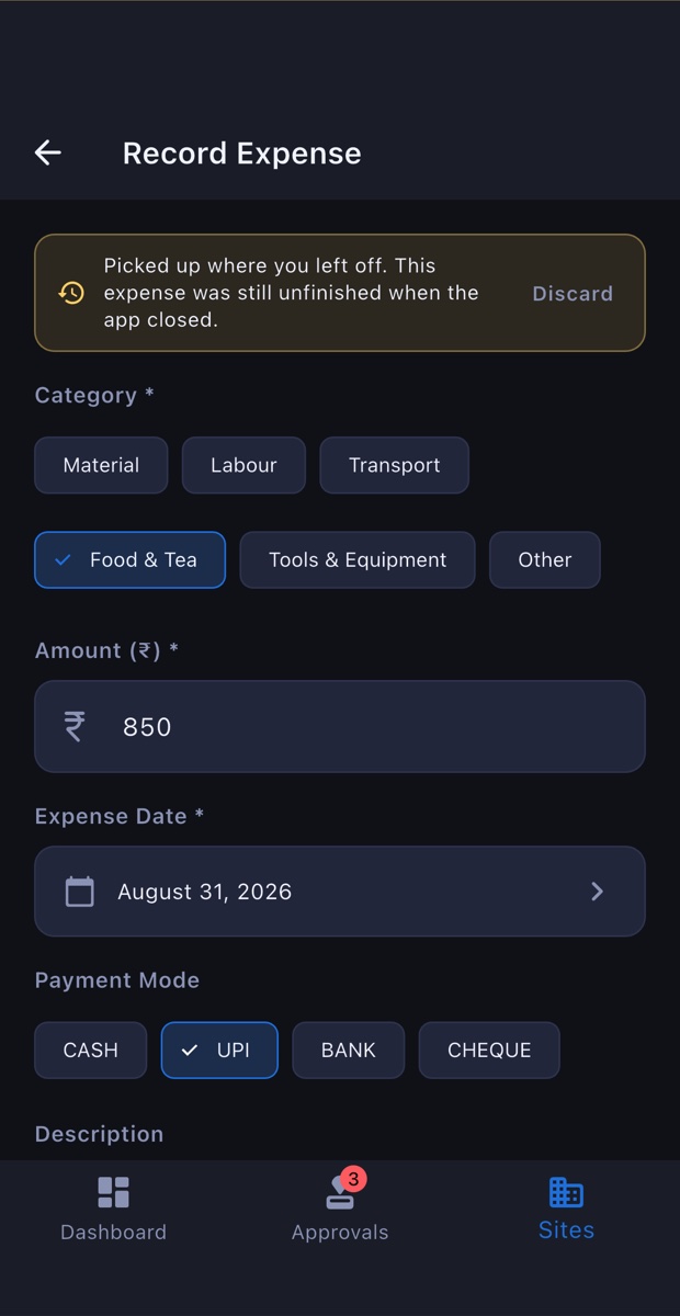 Recording an expense: category, who was paid, amount, payment mode and photos